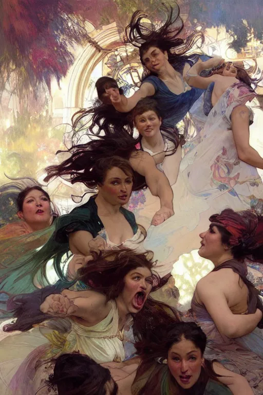 Prompt: hyperrealist group photo of 4 women of various ethnic backgrounds jumping together. by jeremy mann and alphonse mucha, fantasy art, photo realistic, dynamic lighting, artstation, poster, volumetric lighting, very detailed faces, 4 k, award winning