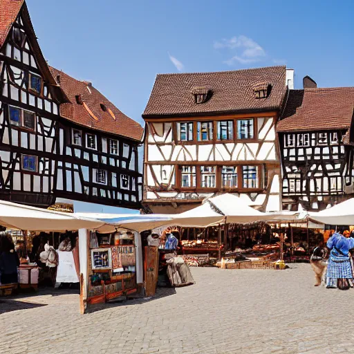 Prompt: A photograph taken in 1200AD of the market Square of a medieval town, Germany 1200AD. midday, clear sky. The market is filled with merchants selling goods and surrounded by Half-timbered houses. cobblestone, brick, market, tents, merchants. 75mm