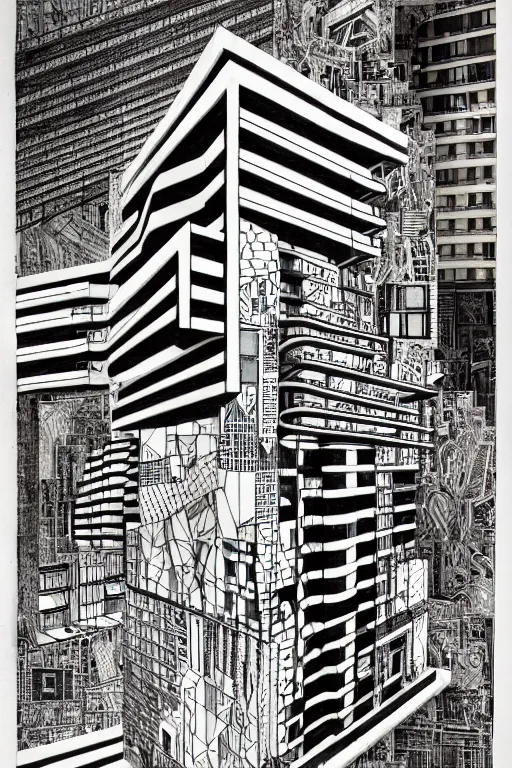 Image similar to a black and white drawing of a building, a detailed mixed media collage by hiroki tsukuda and eduardo paolozzi, intricate linework, sketchbook drawing, street art, polycount, deconstructivism, matte drawing, academic art, constructivism