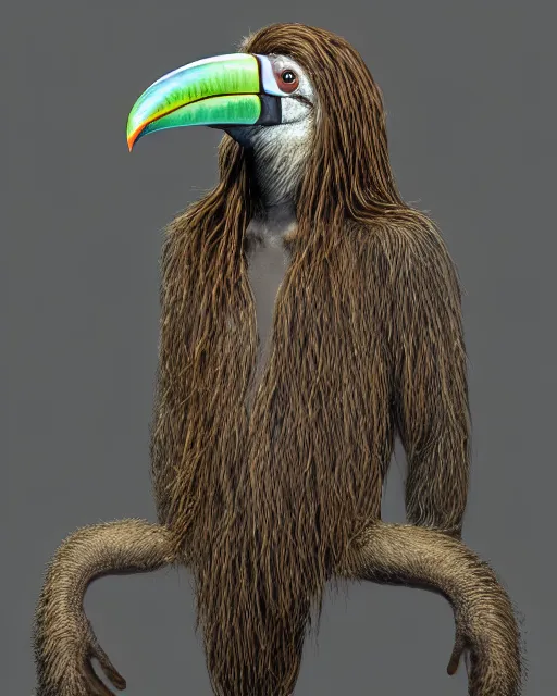 Image similar to realistic bipedal sloth character, long curly fur, full skull shaped face cover, mage robe based on a toucan, 6 toucan beaks, in the style of zdzislaw beksinski, stylized, video animation, hogwarts legacy, chromatic aberration, super natural, neon glow