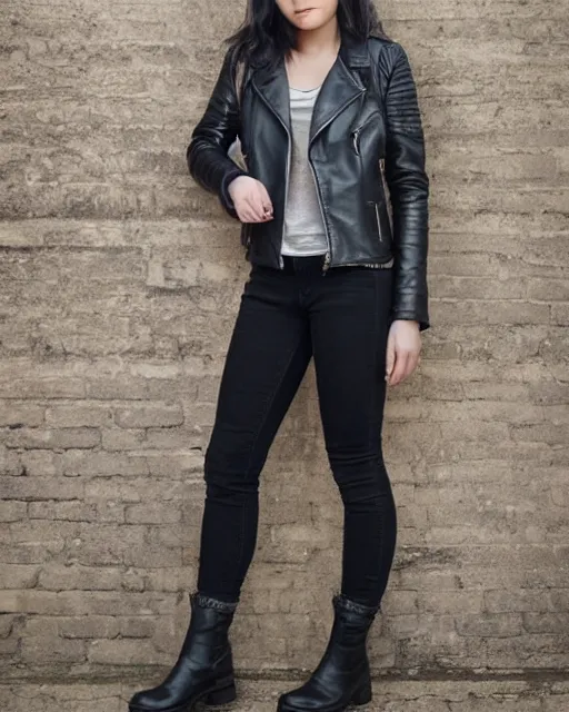 Image similar to young woman in her 20s, she wears a leather jacket and boots, full body shot, taken by a nikon, very detailed face