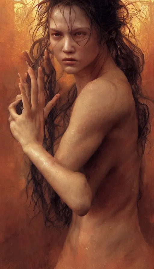 Image similar to epic masterpiece portrait firestarter, sweaty skin, hyperrealistic, octane render, cinematic, beautiful face and flawless skin, perfect hands, 5 fingers, by Edgar Maxence and Ross Tran and Michael Whelan, Legends of Runeterra