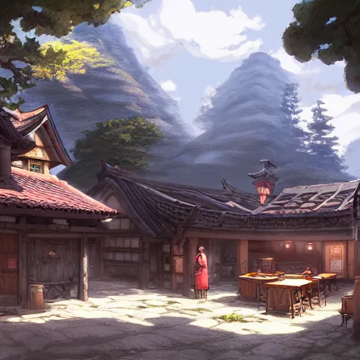 Image similar to concept art painting of a tavern with european and japanese architecture, in a small medieval village surrounded by trees, in a mountain valley, realistic, detailed, cel shaded, in the style of makoto shinkai and greg rutkowski and james gurney