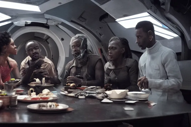 Prompt: movie closeup diverse interracial small team of American sci-fi futuristic space explorers talking at the table in a spaceship kitchen, beautiful skin, Symmetrical faces. Beautiful lighting by Emmanuel Lubezki