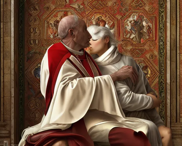 Image similar to photography of libidonous pope with a sensual woman in sistine chapel, deep focus,, intricate, elegant, highly detailed, digital painting, artstation, concept art, matte, sharp focus, illustration, art by artgerm and greg rutkowski and alphonse mucha