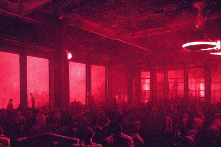 Prompt: view from the stage, back of an audience at the atmospheric and obscure, red neon light, by roger deakins, cinematography, syd mead