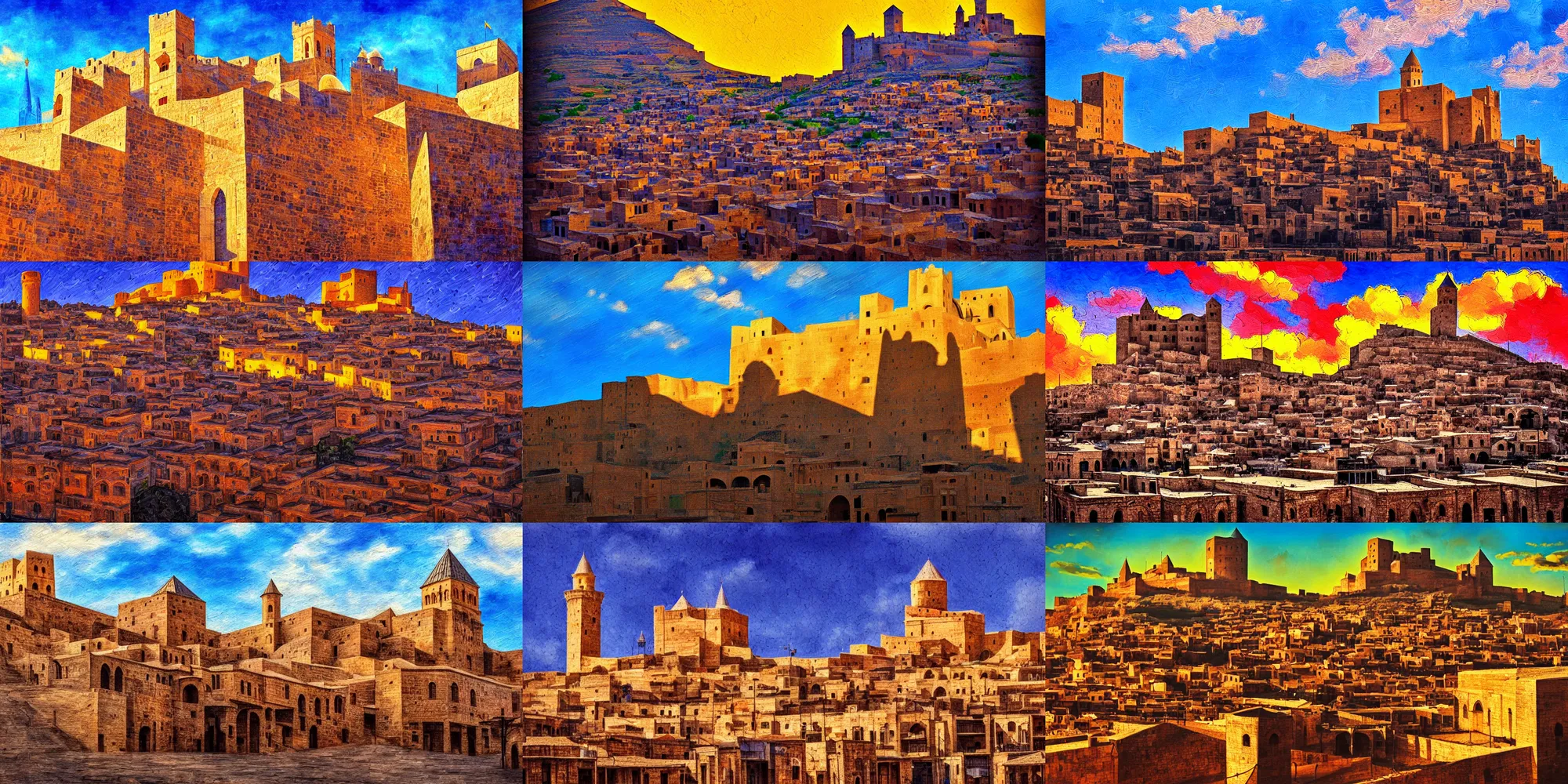 Prompt: mardin old town castle, digital oil painting, high contrast, colorful, clear sky, volumetric lighting, atmospheric, ghibli