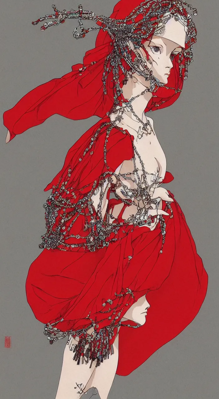 Image similar to a female character design wearing high fashion, beads hanging over her face like an alexander mcqueen headdress, haute couture, dior, and a red cape by kawase hasui, moebius, hd, 8 k, artstation, high quality, ultra detailed