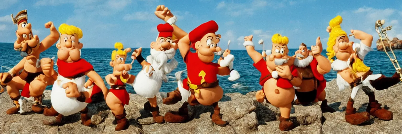 Prompt: Asterix Obelix Tintin, Snowy and captain haddock go on holiday