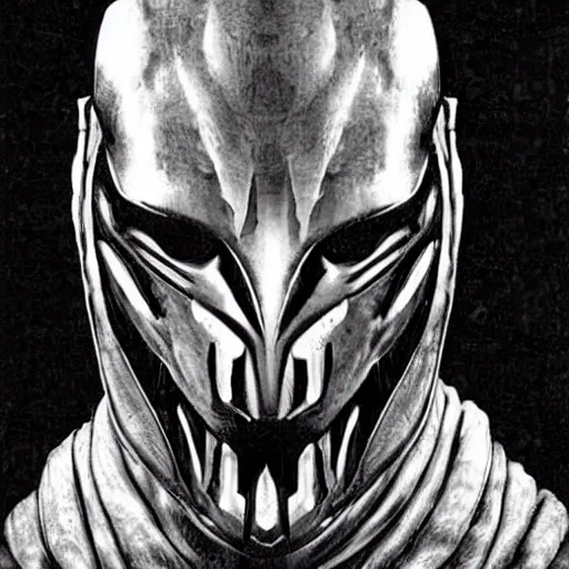 Prompt: hedcut portrait of yatuja wearing mask from the movie predator