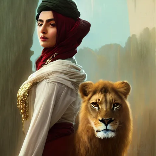 Prompt: a Photorealistic dramatic hyperrealistic render of an arab ameera al taweel, green tan skin, eyes, red hair, white veil, with a pet lion by WLOP,Artgerm,Greg Rutkowski,Alphonse Mucha, Beautiful dynamic dramatic dark moody lighting,shadows,cinematic atmosphere,Artstation,concept design art,Octane render,8K