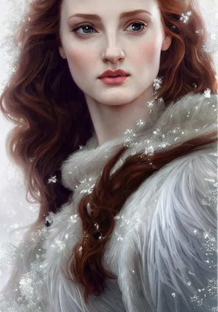 Image similar to sansa angeline jolie gessica chastain snow queen, intricate, elegant, highly detailed, digital painting, artstation, concept art, smooth, sharp focus, illustration, art by artgerm and greg rutkowski and alphonse mucha and william - adolphe bouguereau