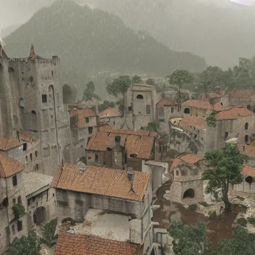 Image similar to the center of a poor medieval town under heavy rain at late night, in a valley, surrounded by mountains, highly detailed, octane render, ultra detailed cinematic, 8 k, widescreen, 1 6 : 9, hd