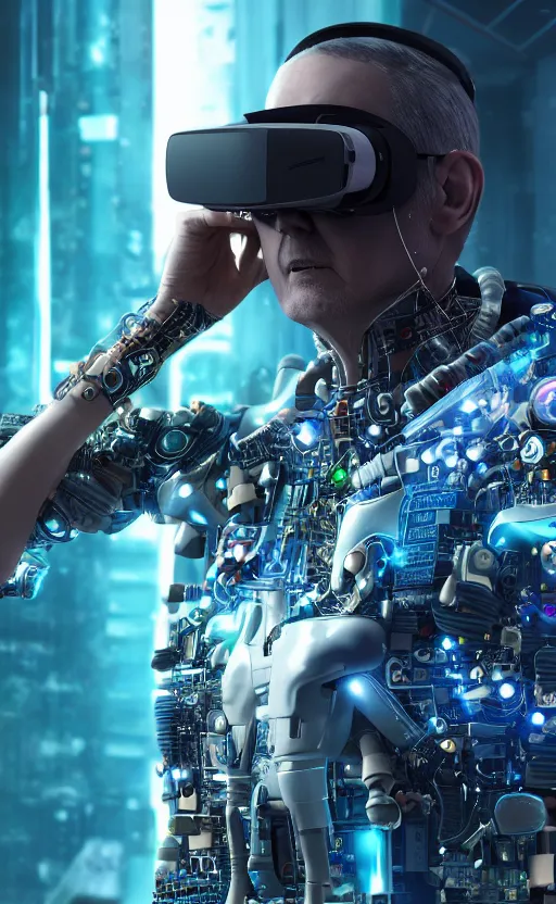 Image similar to a beautiful photo of a middle - aged bionic male cyborg, cyberpunk, circuit boards, electronic components, integrated vr headset, augmented vision, volumetric light, photography, dynamic lighting, color, intricate, extremely detailed, photorealistic, stunning, unreal engine 5