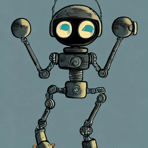 Prompt: Dirty robots in a bleak future, in the style of Machinarium from Amanita Design