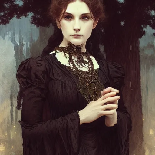 Prompt: portrait of victorian gothic lady, intricate, elegant, highly detailed, digital painting, artstation, concept art, smooth, sharp focus, illustration, art by artgerm and greg rutkowski and alphonse mucha and william - adolphe bouguereau