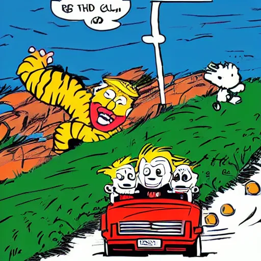 Image similar to wide angle shot of Donald trump driving a clown car over a cliff, Calvin and Hobbes,