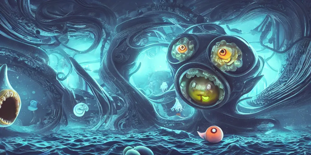 Image similar to of an intricate deep sea with strange cute friendly happy creatures with huge eyes, long tongue, round teeth and goofy funny face, appearing from the background, in the style of gehry and gaudi, macro lens, shallow depth of field, ultra detailed, digital painting, trending artstation, concept art, illustration, cinematic lighting, photorealism, epic, octane render