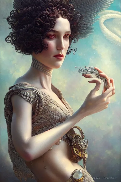 Image similar to a beautiful hyperrealistic portrait pose of a stunning Art Deco model in a sunbeam, intricate, elegant, highly detailed, smooth, sharp focus, award-winning, masterpiece, in the style of Tom Bagshaw, Cedric Peyravernay, Peter Mohrbacher