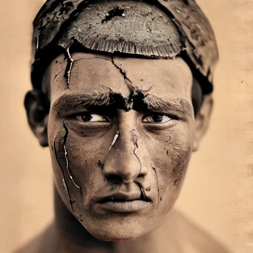 Image similar to portrait of a male warrior with a scarred face. Detailed face. Photo 8K.