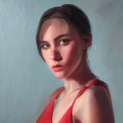 Prompt: a portrait of an intensely lit female, red, oil painting, pale colors, high detail, 8 k, wide angle, trending on artstation,