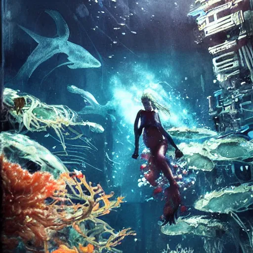 Image similar to woman diving in, an alien aquarium, kelp, coral, solar rays, cyberpunk, realistic, detailed, Industrial Scifi, paint, watercolor, in the style of Ashley Wood and Wadim Kashin