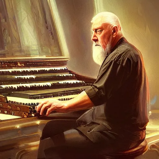 Image similar to a portrait of jon lord of deep purple playing his organ, urban motifs, intricate, elegant, highly detailed, digital painting, trending on artstation, concept art, smooth sharp focus, illustration, art by artgerm and greg rutkowski