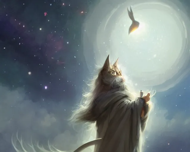 Image similar to one cartoonish kitty dressed as Gandalf floating alone in space, bright stars, anime, a fantasy digital painting by Greg Rutkowski and James Gurney, trending on Artstation, highly detailed