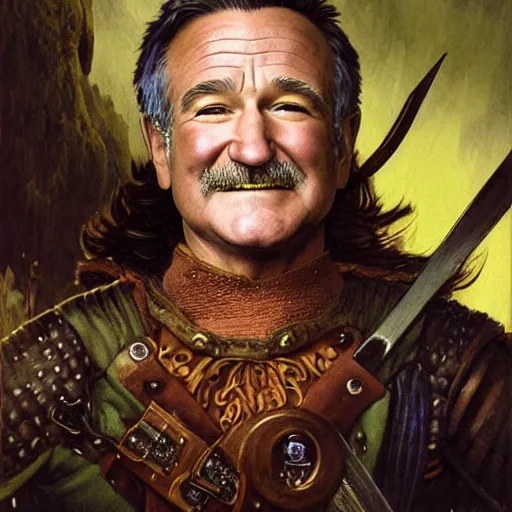 Image similar to an ultradetailed portrait of robin williams dressed as a fantasy rogue, sneaking in shadows of a dark alley, d & d, fantasy, intricate, elegant, highly detailed, digital painting, matte, sharp focus, illustration, plate armor, god rays, art by john collier and albert aublet and krenz cushart and artem demura and alphonse mucha