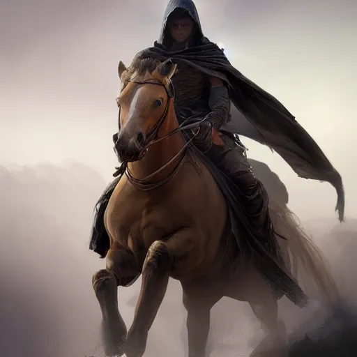 Image similar to epic portrait an hooded man riding a horse in a middle of an battlefield, explosions, dust, dirt, digital painting, artstation, concept art, soft light, hdri, smooth, sharp focus, illustration, fantasy, intricate, elegant, highly detailed, D&D, matte painting, in the style of Greg Rutkowski and Alphonse Mucha and artemisia, 8k, highly detailed, jurgens, rutkowski, bouguereau, pastoral, rustic, georgic, detailed concept art, illustration, colorful pastel, painting, detail, ultra detailed, digital art, 4K,