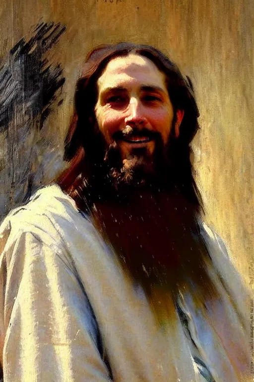 Image similar to impressionist brushstrokes!!!!!!!!! solomon joseph solomon and richard schmid and jeremy lipking victorian loose genre loose painting full length portrait painting of jesus with a slight smile happy inviting