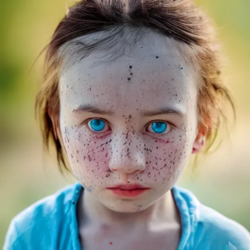 Image similar to a little blue girl with messy black hair she has sharp pointed ears freckles along the ridges of her cheeks, high resolution film still, 4k, HDR colors