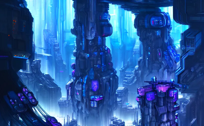 Image similar to cyberpunk factory in a dark cave, blue crystals, hyper detailed, realistic, intricate, concept art by frank hong, mate painting, artstation