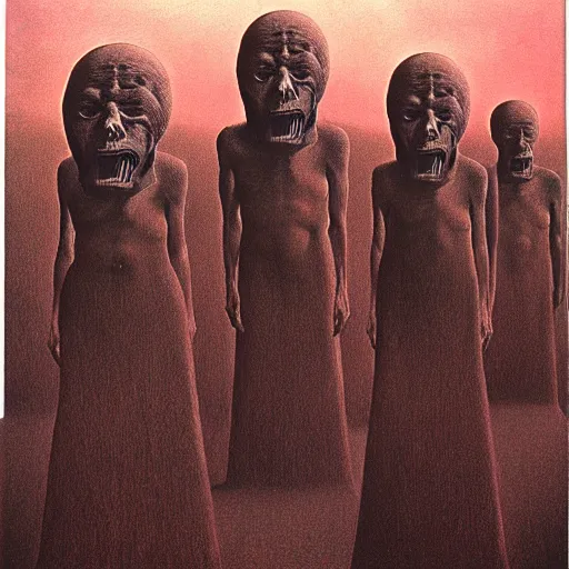 Image similar to poloroid of a highly detailed dystopian surreal painting of eerie grinning head statues and buildings by zdzisław beksinski