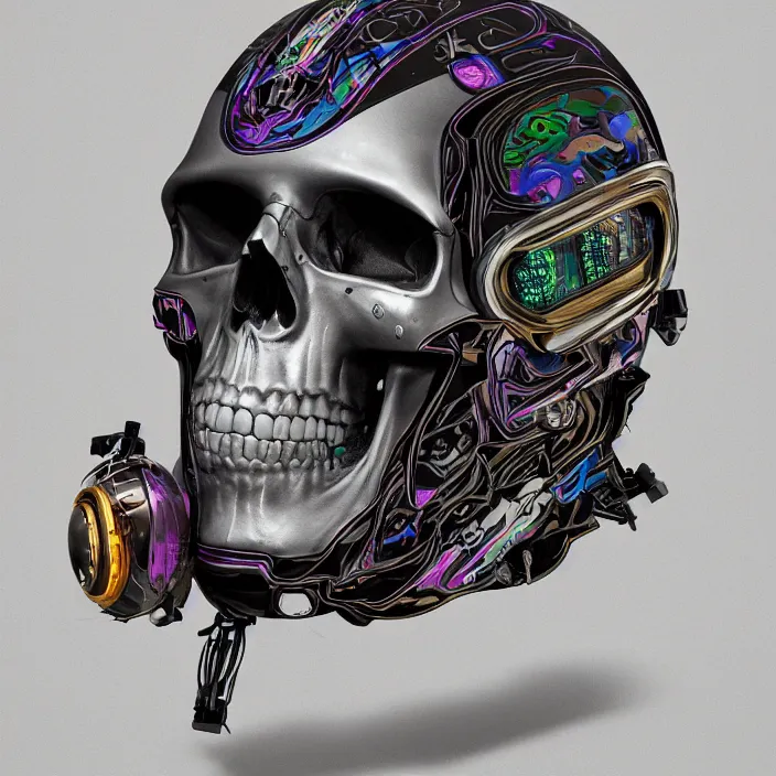 Image similar to portrait of a skull in a racing helmet. intricate abstract. intricate artwork. by Tooth Wu, wlop, beeple, dan mumford. octane render, trending on artstation, greg rutkowski very coherent symmetrical artwork. cinematic, hyper realism, high detail, octane render, 8k, iridescent accents