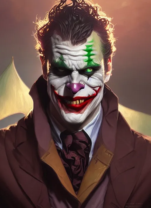 Image similar to the joker, d & d, fantasy, intricate, elegant, highly detailed, digital painting, artstation, concept art, matte, sharp focus, illustration, hearthstone, art by artgerm and greg rutkowski and alphonse mucha