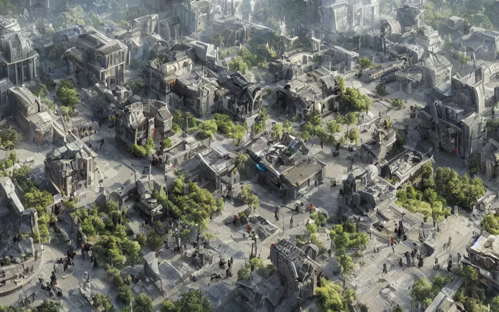 Image similar to at the square of a futuristic scfi french village, highly detailed, cinematic lighting, render, fantasy