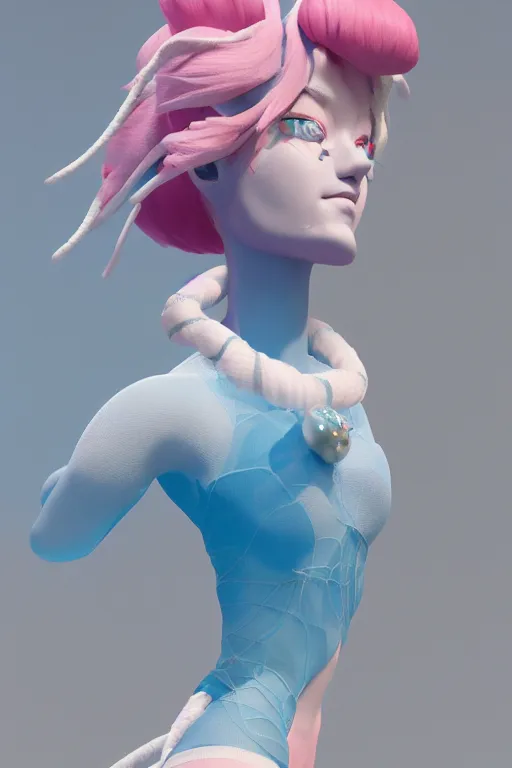 Prompt: an epic non - binary model, subject made of white mesh rope, with cerulean and pastel pink bubbles bursting out, delicate, beautiful, intricate, melting into sylveon, houdini sidefx, by jeremy mann and ilya kuvshinov, jamie hewlett and ayami kojima, trending on artstation, bold 3 d