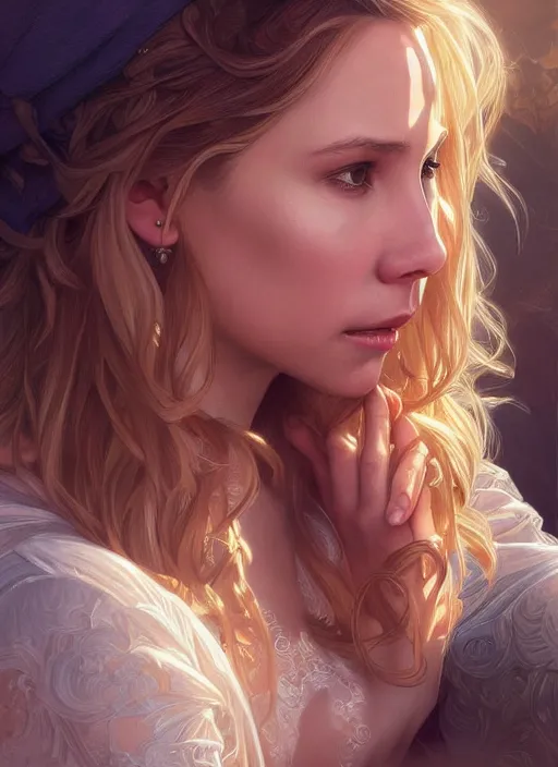 Image similar to beautiful portrait of alona tal and kristen bell, intricate, elegant, highly detailed, digital painting, artstation, concept art, smooth, sharp, focus, illustration, art by artgerm and greg rutkowski and alphonse mucha