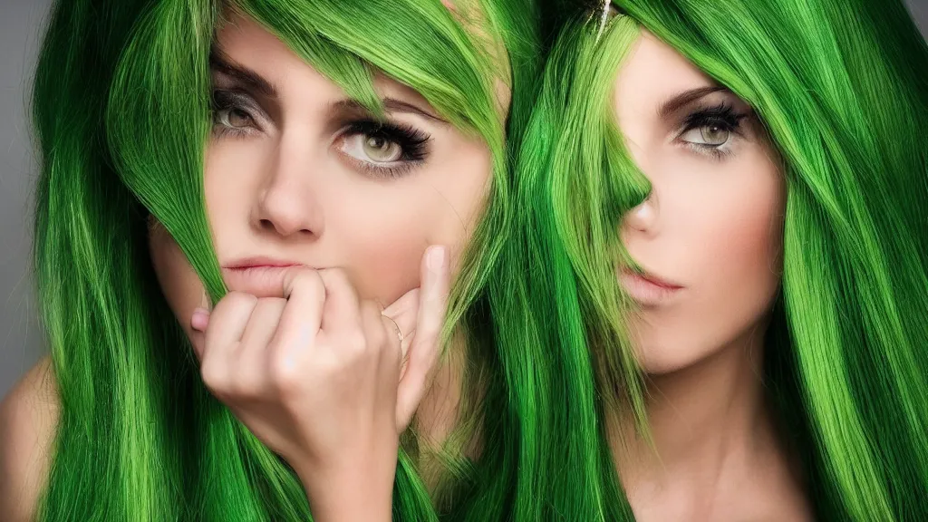 Image similar to beautiful woman playing with her very long green hair