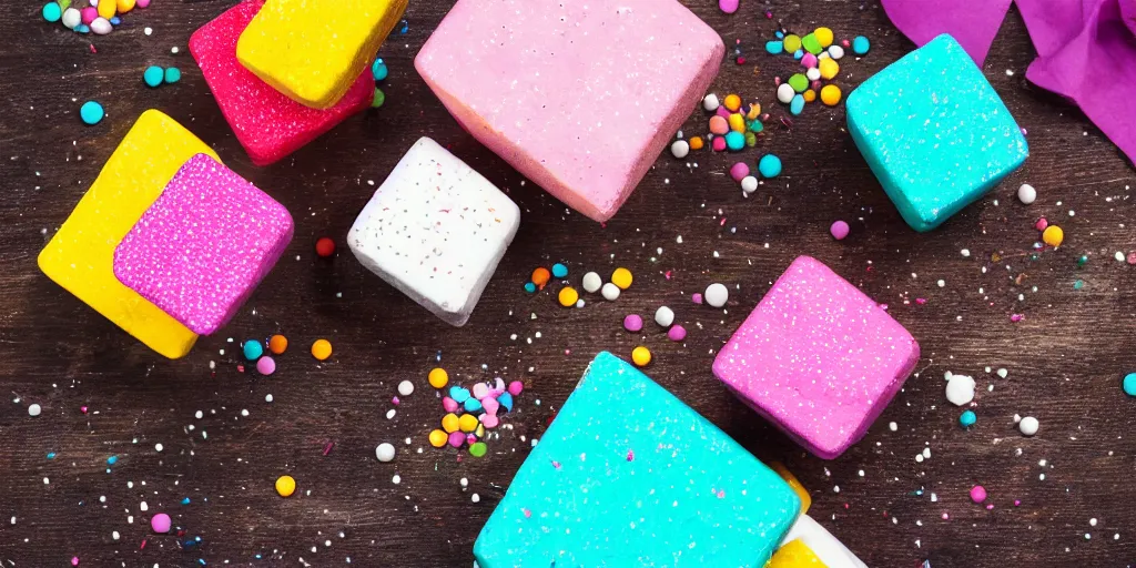 Image similar to photograph of a marshmallow cube with sprinkles and on a dark wooden chopping board, pastel colours, hessian cloth, styled food photography, photorealistic, 4 k