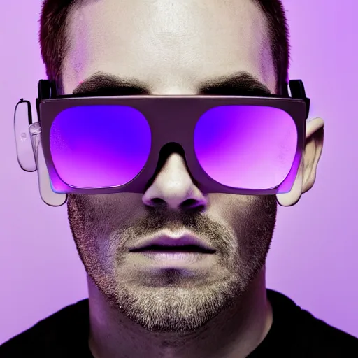 Prompt: white human head model wearing futuristic cyclop glasses, purple gradient background, Sony a7 IV, studio lighting