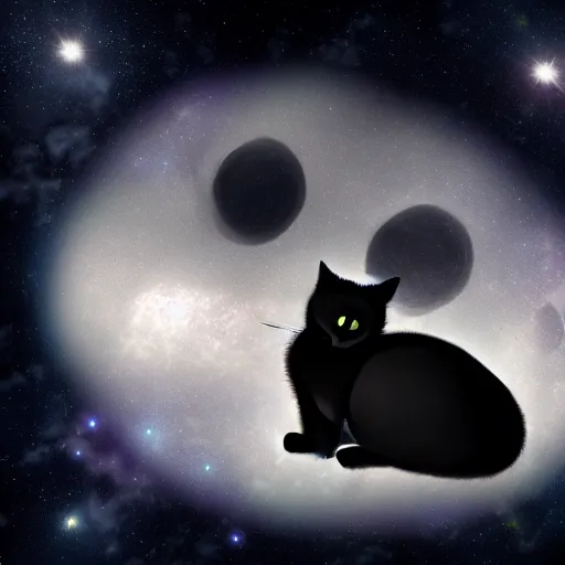 Image similar to black cat is floating in space, photo 4k