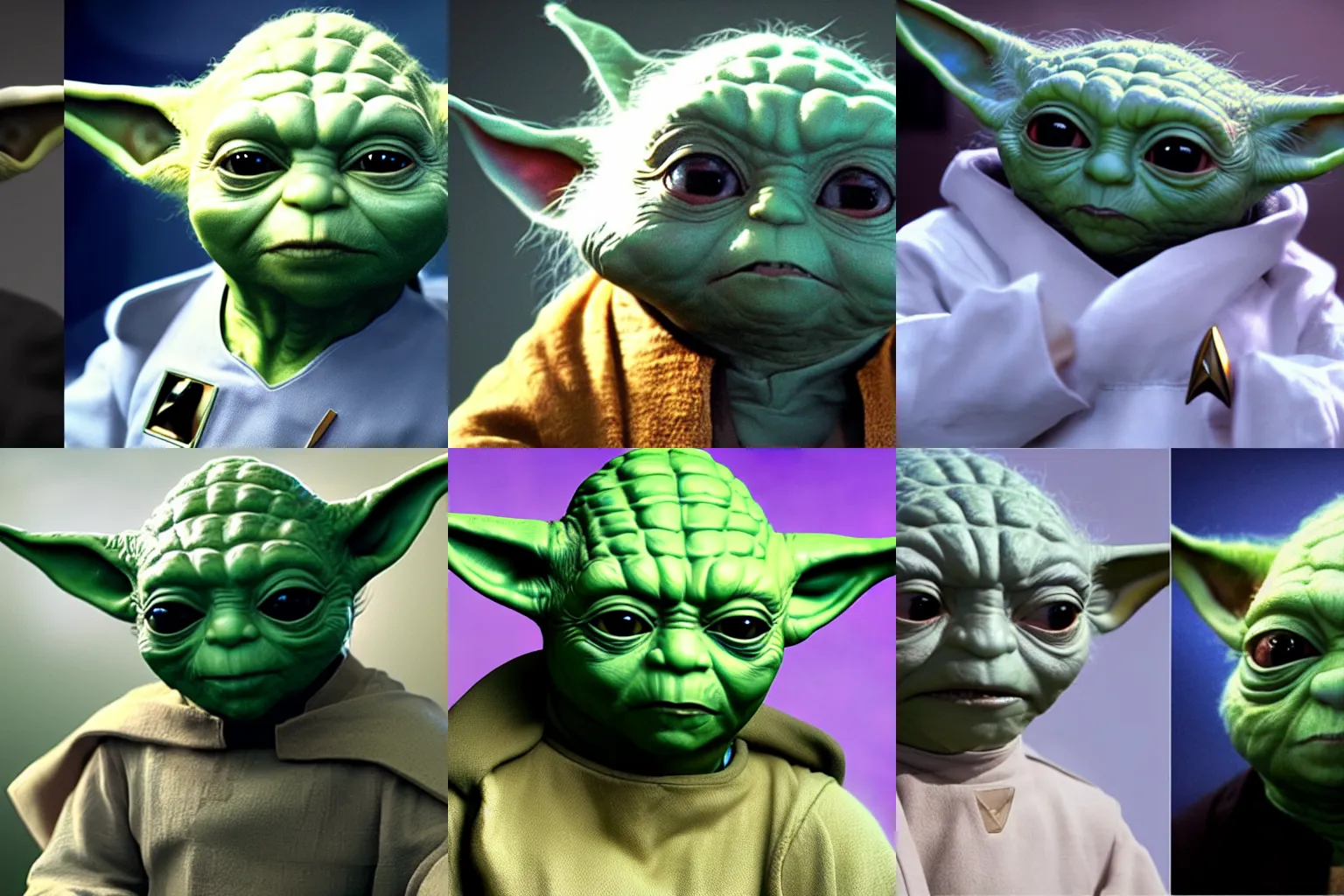 Prompt: 8k HDR hyperrealism stunning portrait photo of Yoda cosplaying as Star Trek crew member