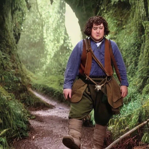 Image similar to clean shaven pudgy British lad with short curly dark brown hair as a hobbit wearing a white men's crossbody sling chest bag and blue vest, high resolution film still, movie by Peter Jackson