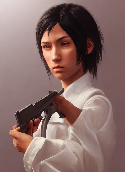 Prompt: upper body portrait of a young girl from final fantasy live action, with short black hair and green eyes in a tan trenchcoat over a white shirt, holding a gun, award winning, masterpiece digital painting by greg rutkowski, alex grey, artstation, 4 k wallpaper,