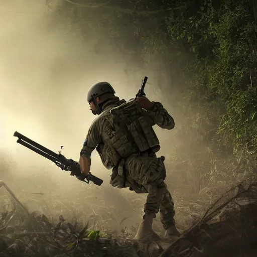 Prompt: Mercenary Special Forces soldiers in light grey uniforms with black armored vest and helmet launching an ambush attack on insurgents in the jungles of Tanoa, combat photography by Feng Zhu, highly detailed, excellent composition, cinematic concept art, dramatic lighting, trending on ArtStation