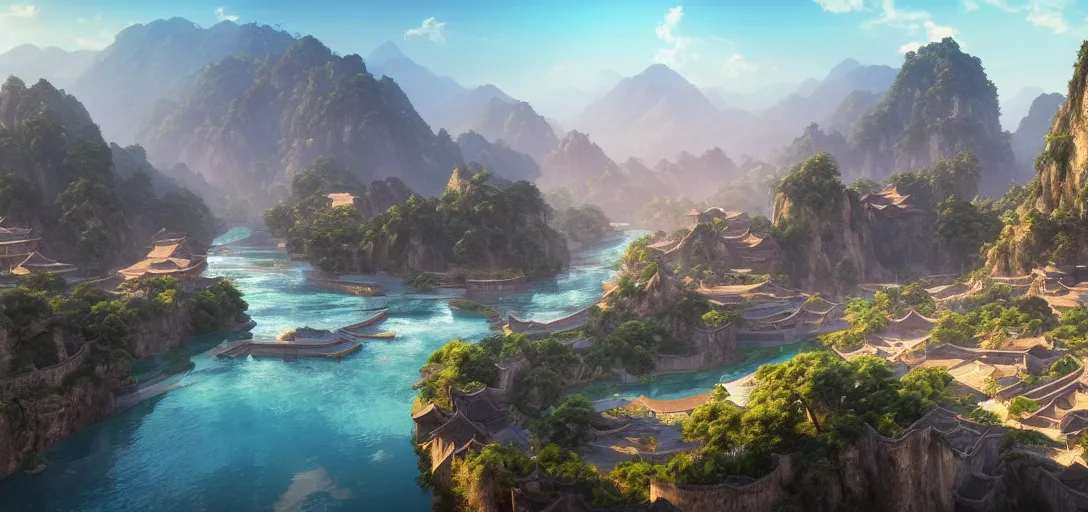 Image similar to epic view of beautiful ancient chinese city, clear blue skies, winding rivers, there are mountains and hills in the far background distance, unreal engine, dramatic lighting, detailed, ambient occlusion, global illumination, god rays, 3 d artstation render by greg rutowski and jessica rossier