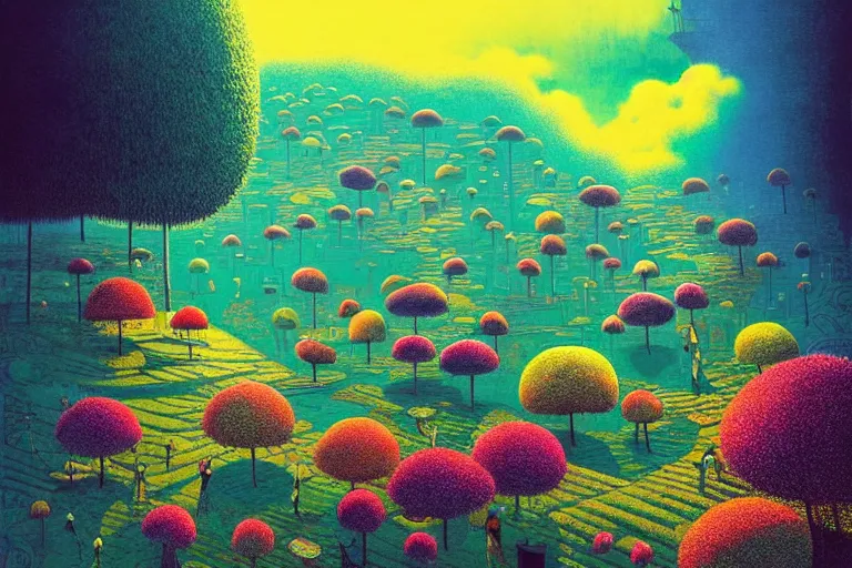 Prompt: surreal glimpse into other universe, genting highland, summer morning, very coherent and colorful high contrast, art by!!!! gediminas pranckevicius!!!!, geof darrow, floralpunk screen printing woodblock, dark shadows, hard lighting, stipple brush technique,