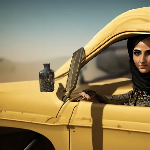 Image similar to ultra - photorealistic, middle eastern woman driving horse and handling weapon, dust, yellow cinematic, 4 k, 8 0 0 mm, uhd, vogue, winning photo of the year, sharp focus, intricate, hyperdetailed content